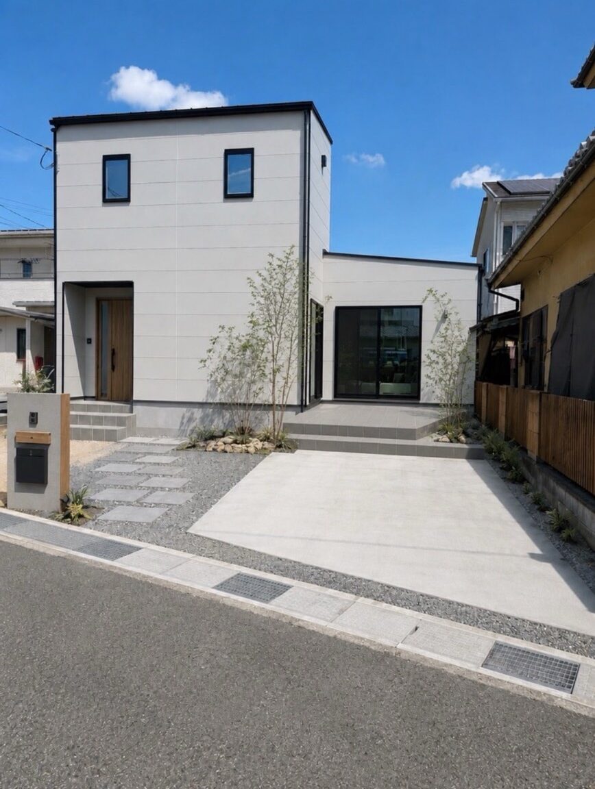白を基調としたシンプルモダンな外観と木目のアクセント